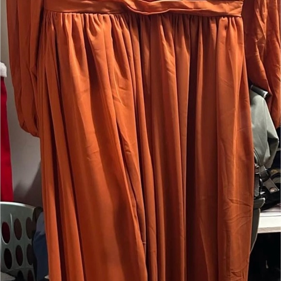 Burnt Orange Long Sleeve V Neck Formal Dress with Leg Slit - Picture 3 of 10